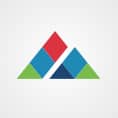 A geometric logo composed of four triangles: one red, one blue, one green, and a dark blue triangle, all arranged in a larger triangular shape against a light gray background.