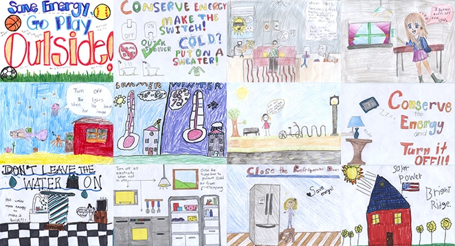 A collage of children's drawings with energy conservation messages including turning off lights, playing outside, using solar power, and conserving water.