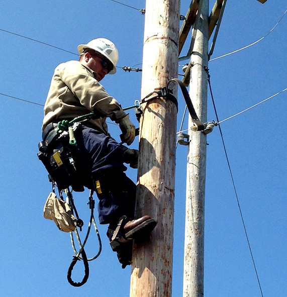 A worker wearing safety gear climbs a wooden utility pole on a clear day, with wires and equipment visible in the background.