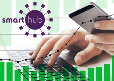 A person typing on a laptop with one hand and holding a smartphone with the other, in front of a "Smart Hub" logo and a background of graph lines and green bar charts.